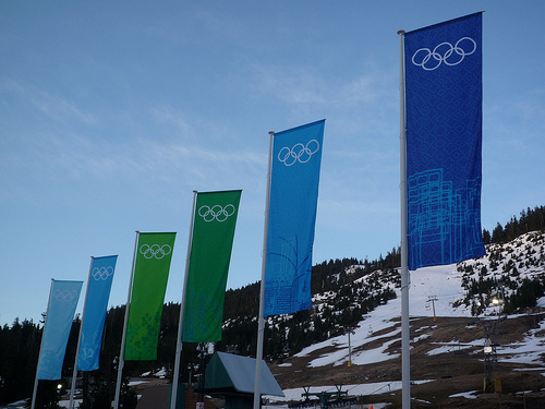 Olympic flags outside of Cypress Mountain